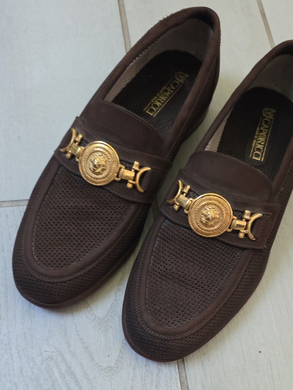 Caporicci dark brown perforated suede horsebit loafers handcrafted in Italy. - Picture 2 of 11